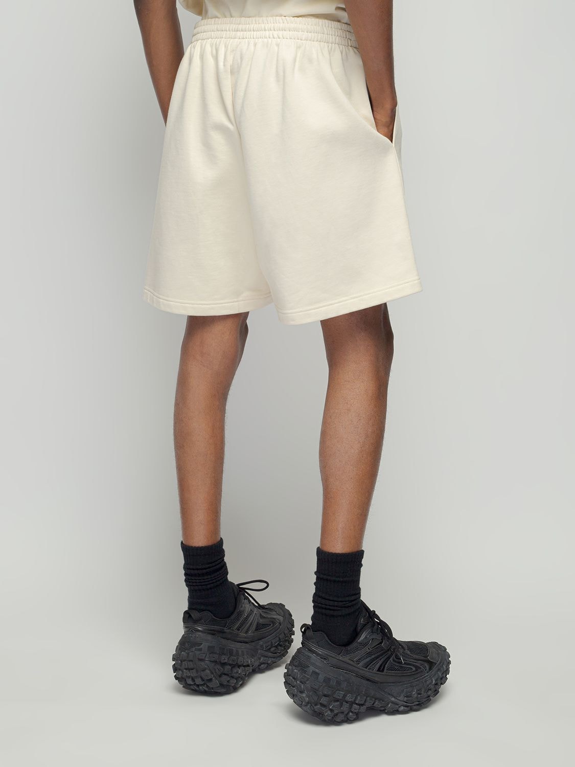 Shop Balenciaga Logo Embroidery Cotton Sweat Shorts In Cream,black