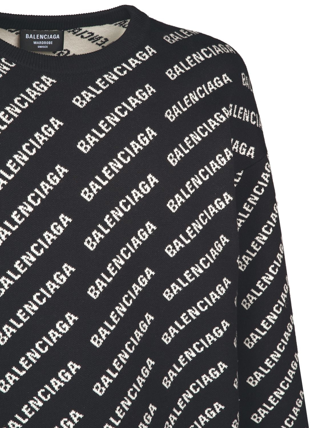 Shop Balenciaga All Over Logo Cotton Blend Knit Sweater In Black,white