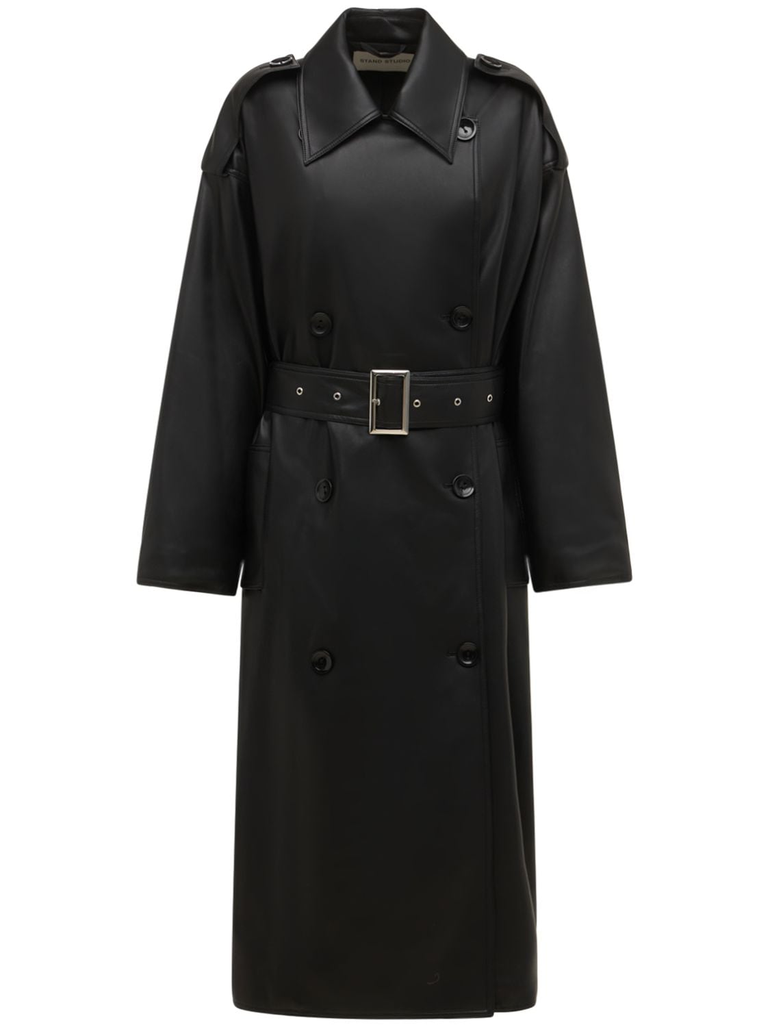Stand Studio Hope Luscious Long Faux Leather Trench In Black 