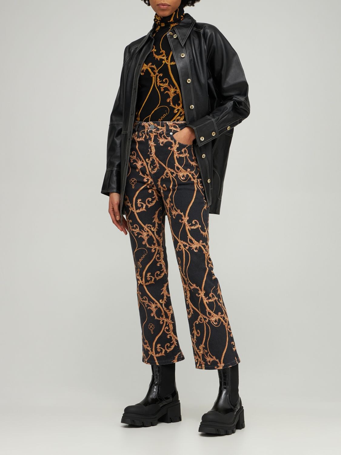 GANNI Printed Cotton Denim Straight Jeans