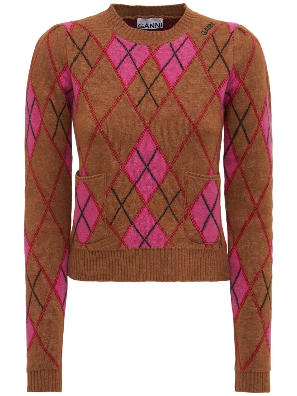 GANNI Argyle Wool Blend Crewneck Sweater