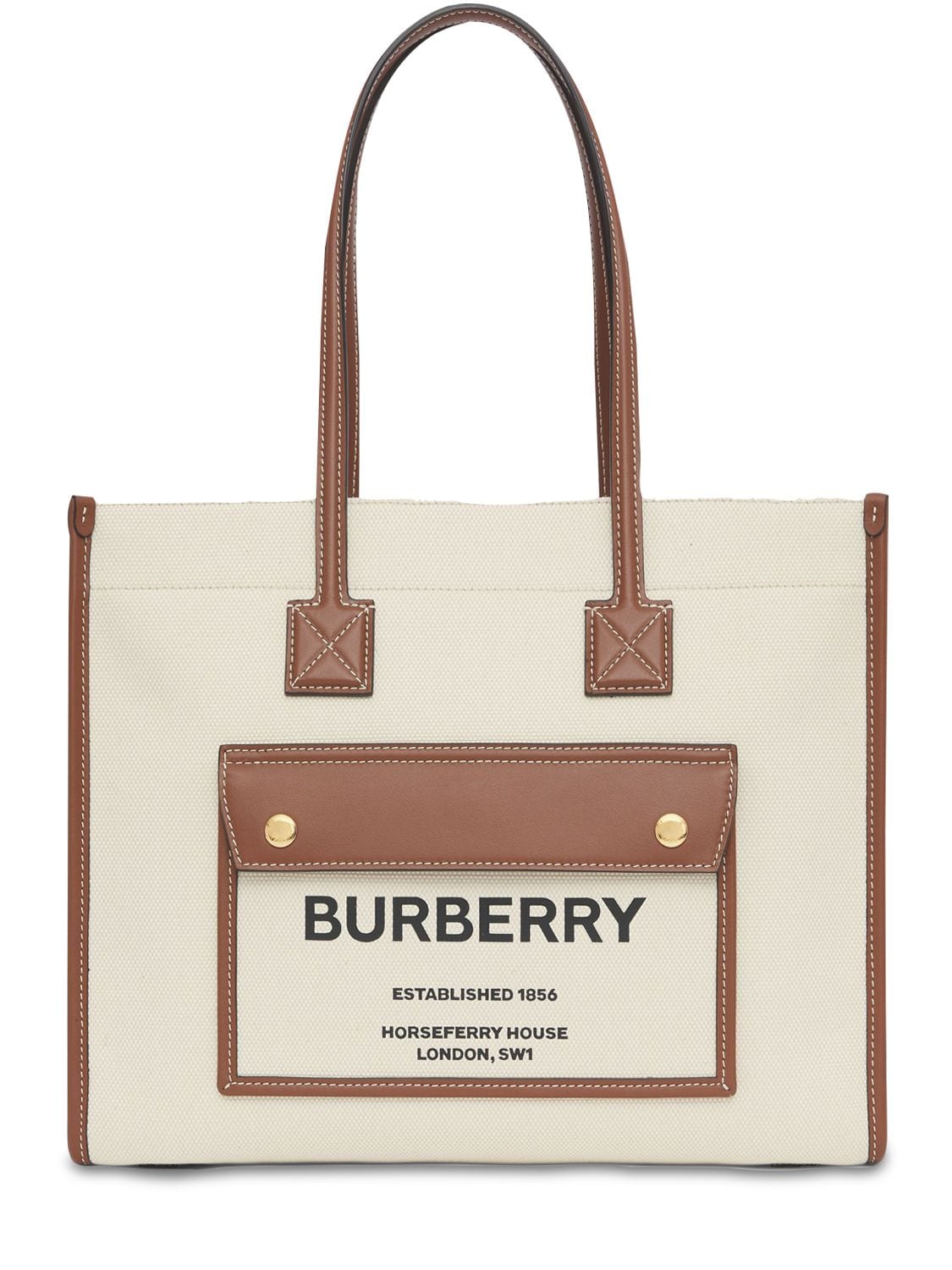 Shop Burberry Small Freya Leather & Canvas Tote Bag In Natural,tan