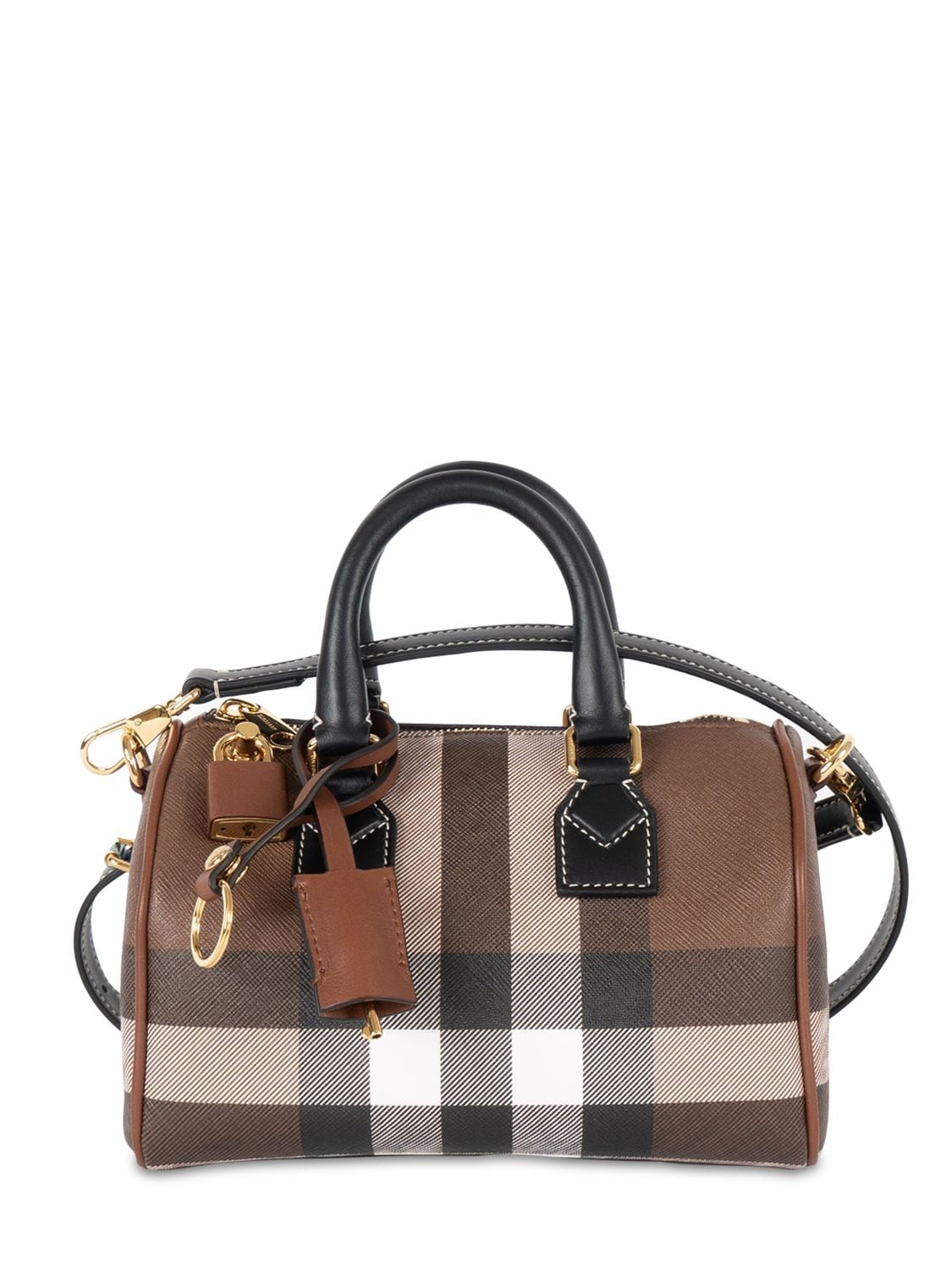 Burberry Mini Bowling Check Canvas & Leather Bag In Dark Birch Brow