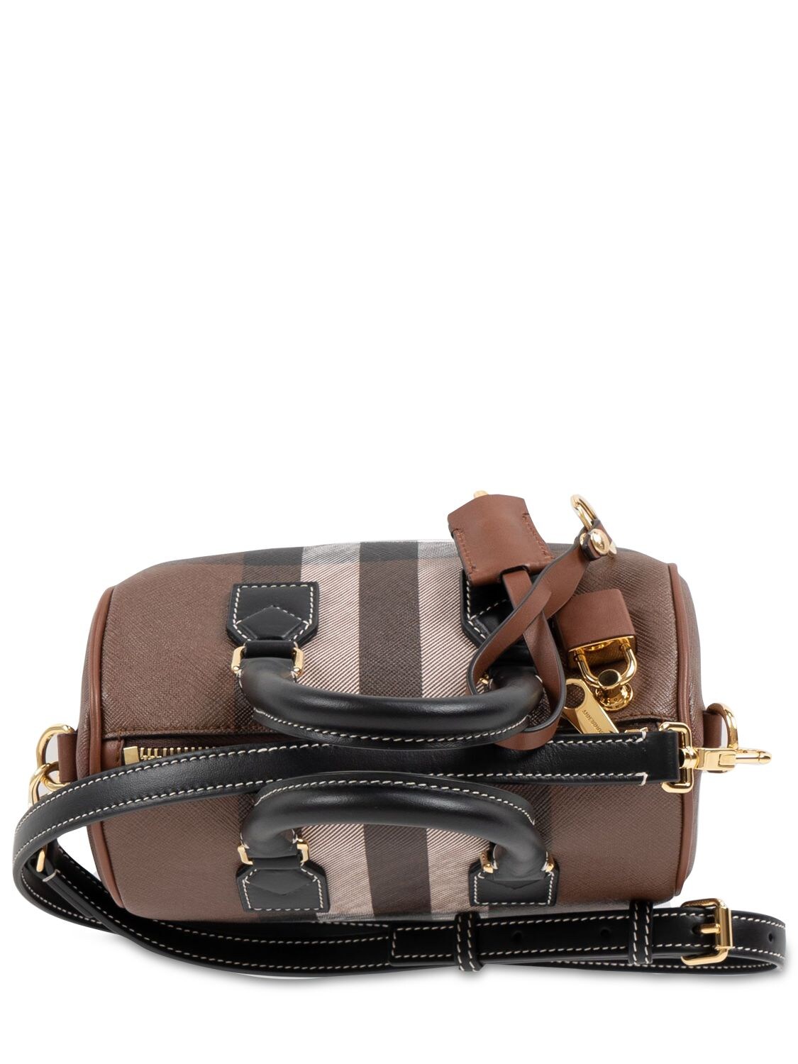 Shop Burberry Mini Bowling Check Canvas & Leather Bag In Dark Birch Brow