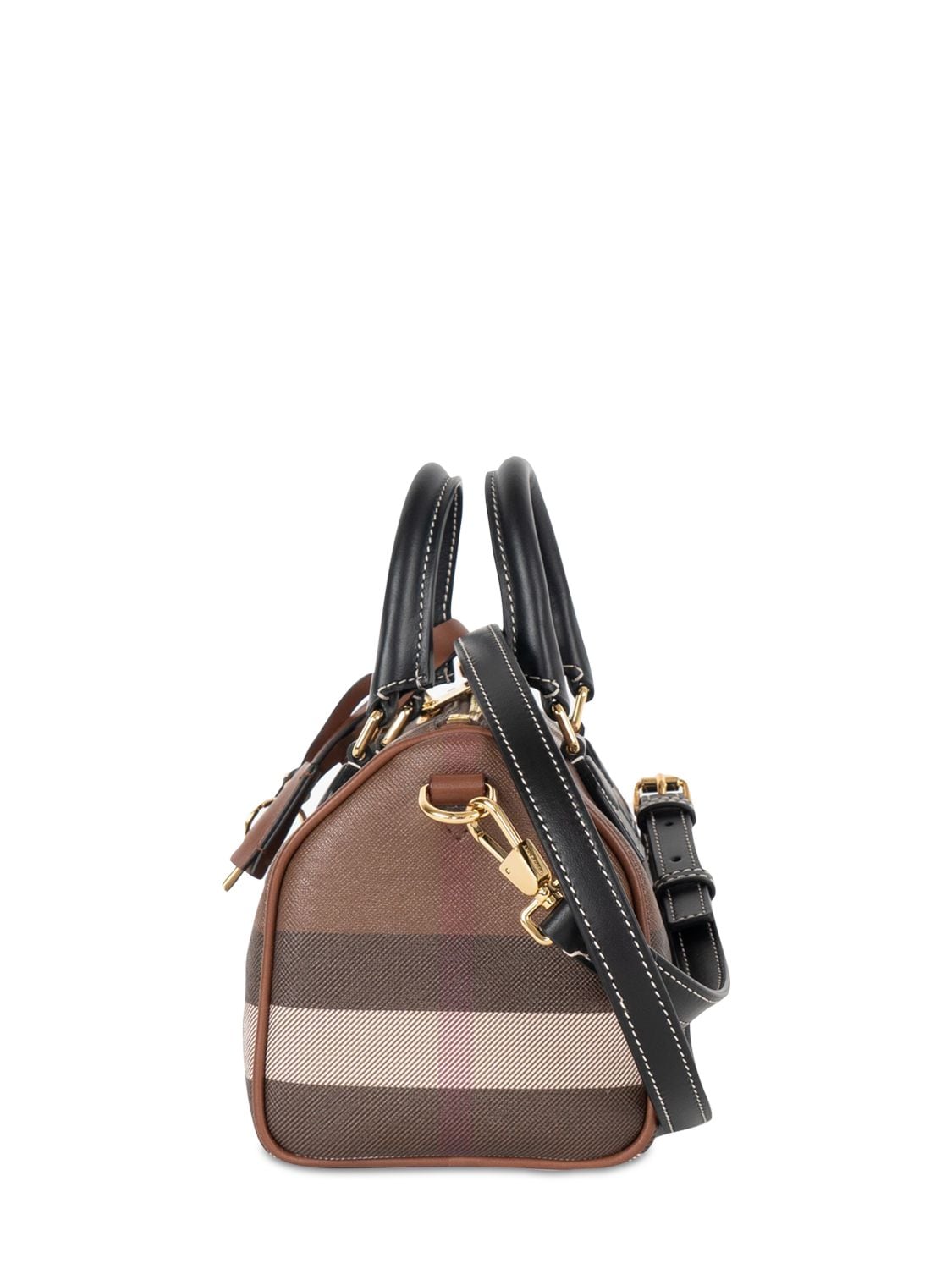 Shop Burberry Mini Bowling Check Canvas & Leather Bag In Dark Birch Brow