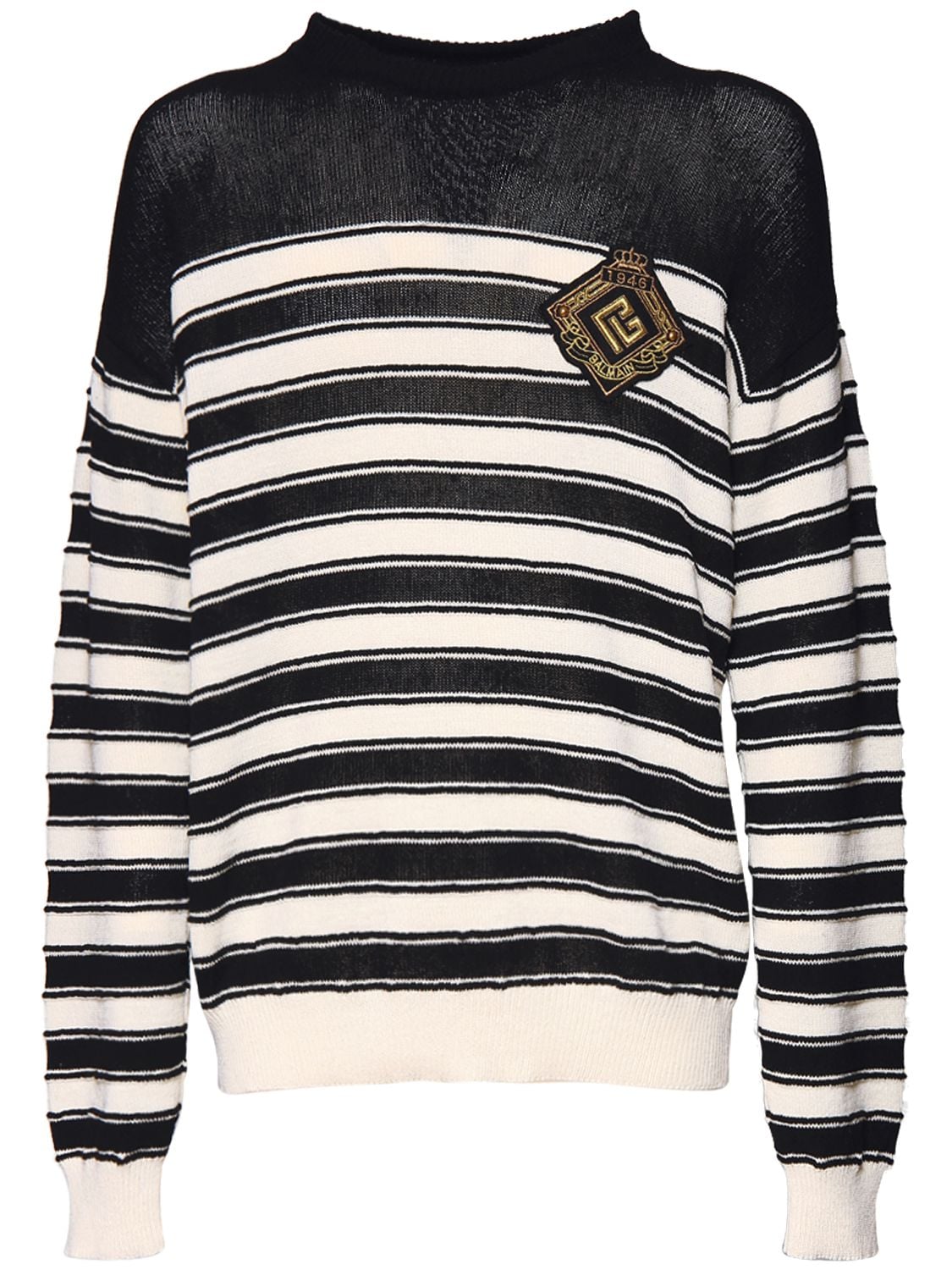 Striped Knit Wool Blend Sweater W/ Badge