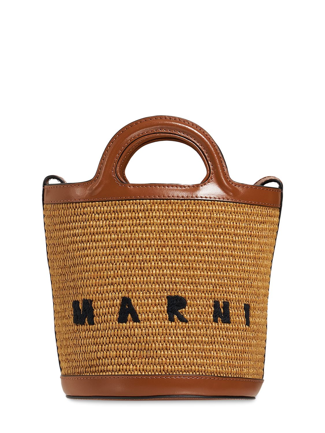 Marni Mini Raffia Effect & Leather Bucket Bag In Raw Sienna