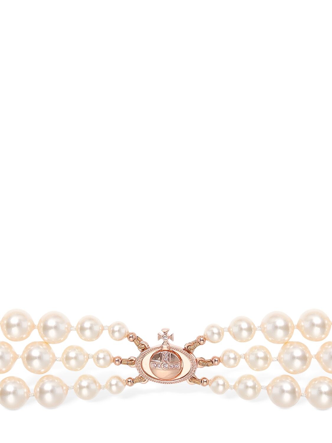 Shop Vivienne Westwood Three Row Faux Pearl Bas Relief Choker In Cream,rosegold