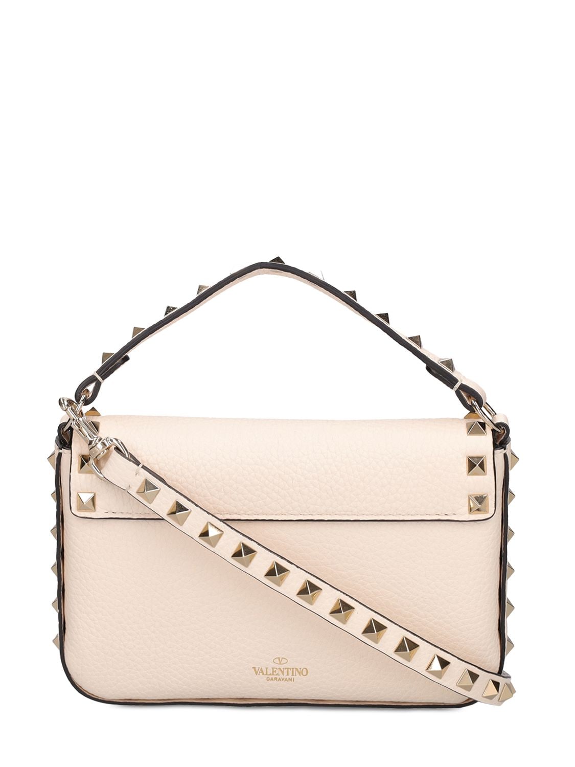 Shop Valentino Small Rockstud Leather Top Handle Bag In Light Ivory
