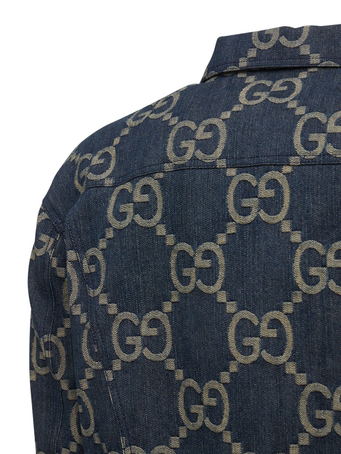 Shop Gucci Gg Jacquard Denim Jacket In Blue,ivory