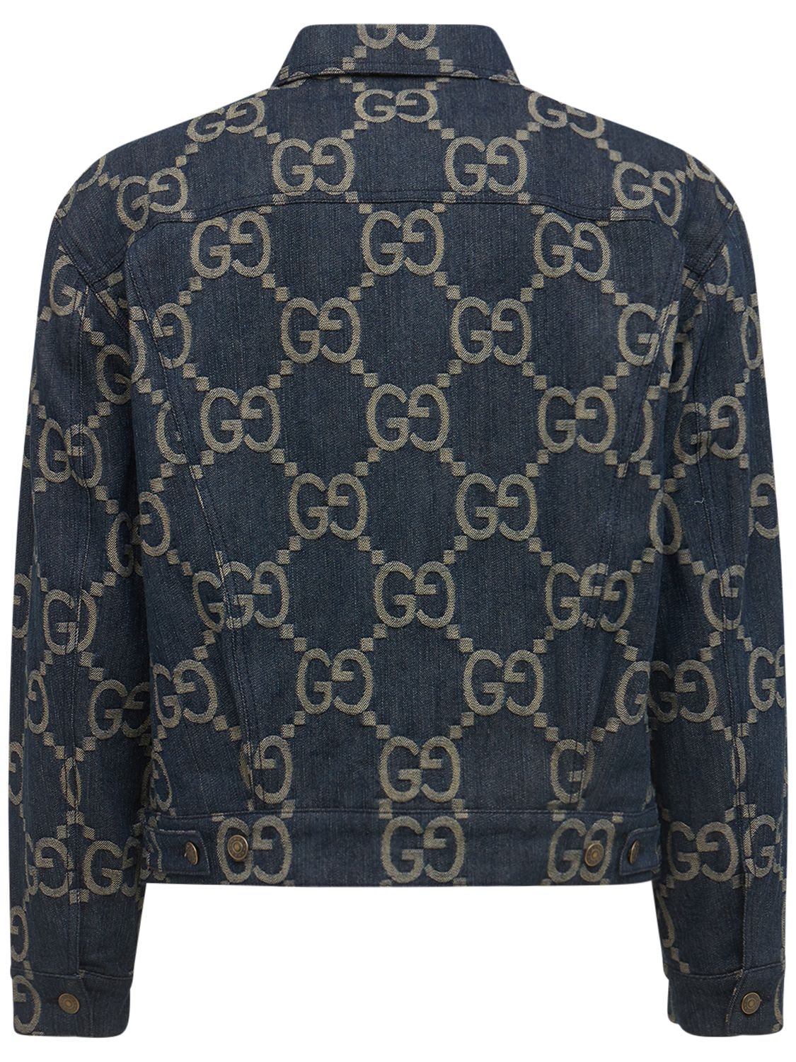 Shop Gucci Gg Jacquard Denim Jacket In Blue,ivory