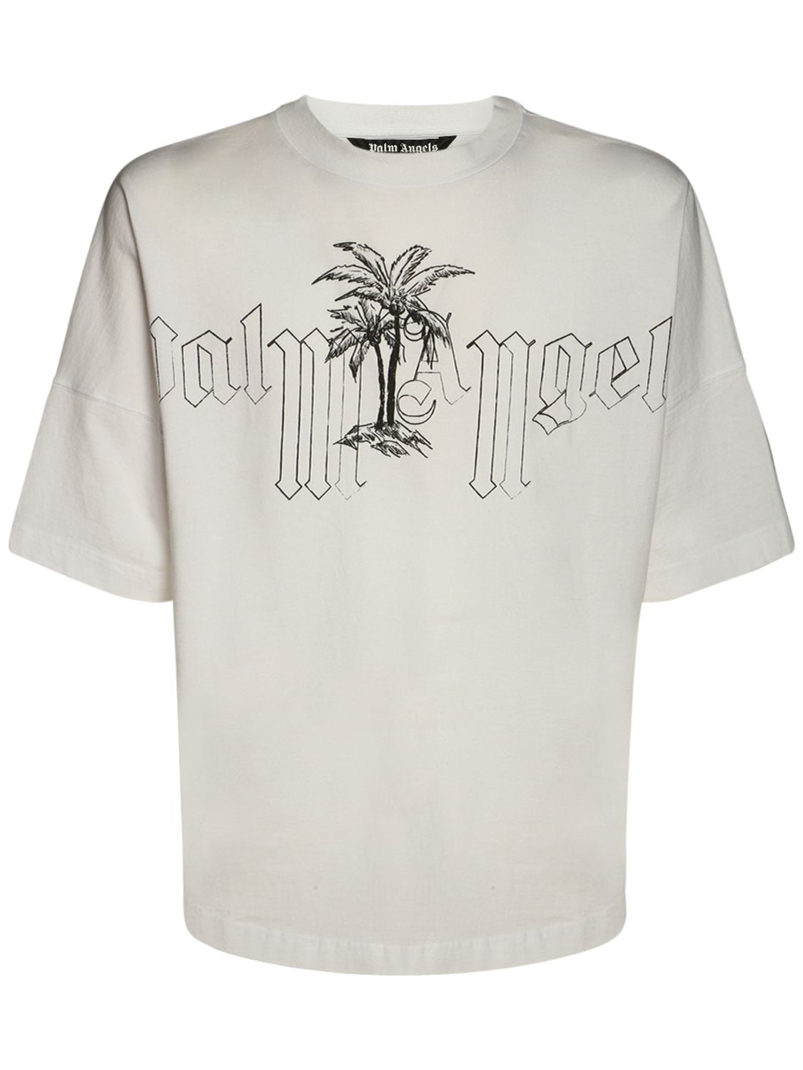 Palm Angels Logo Print Over Cotton Jersey T-shirt In White,black | ModeSens