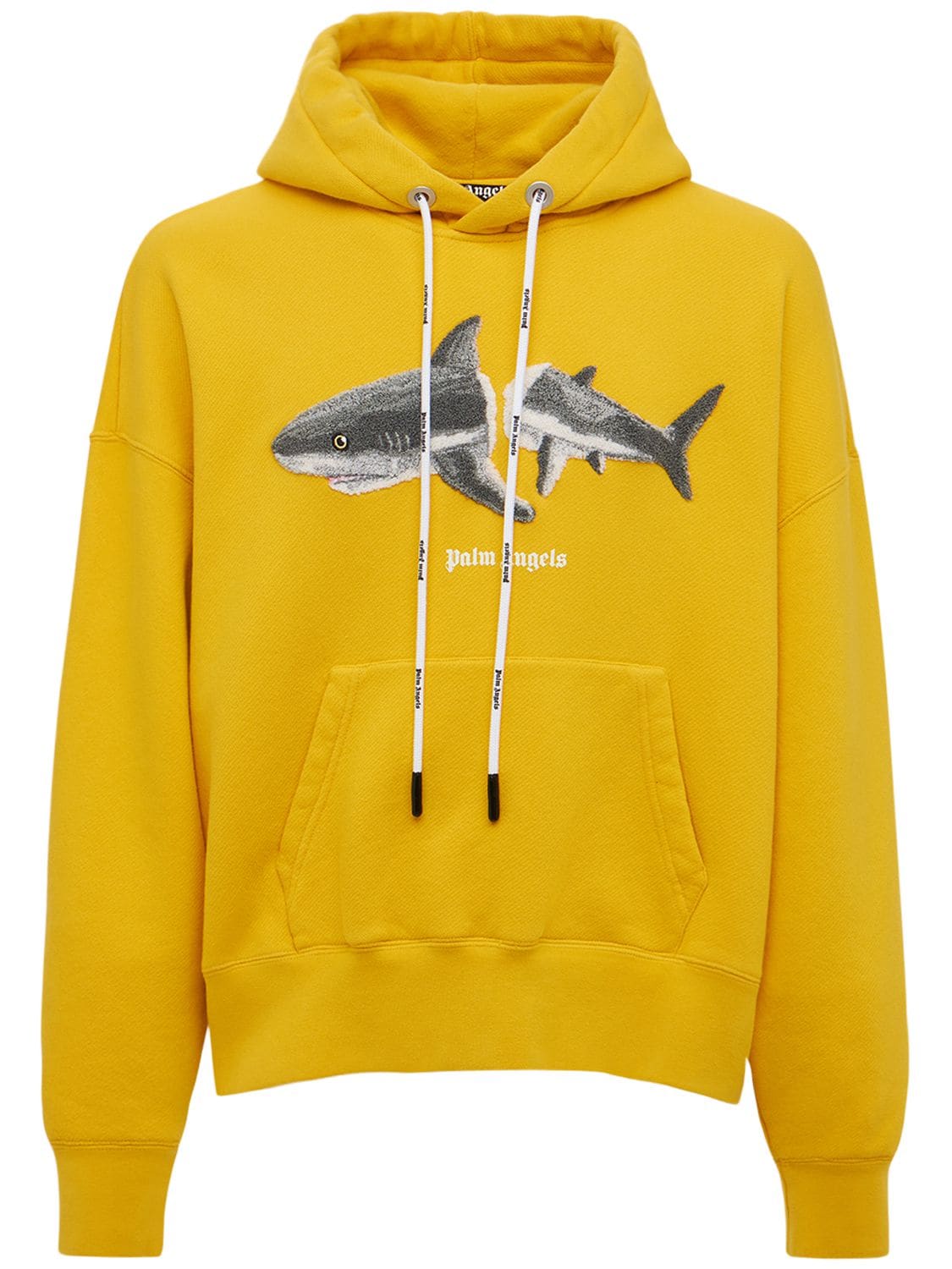 Palm Angels Shark Embroidery Cotton Hoodie In Yellow | ModeSens