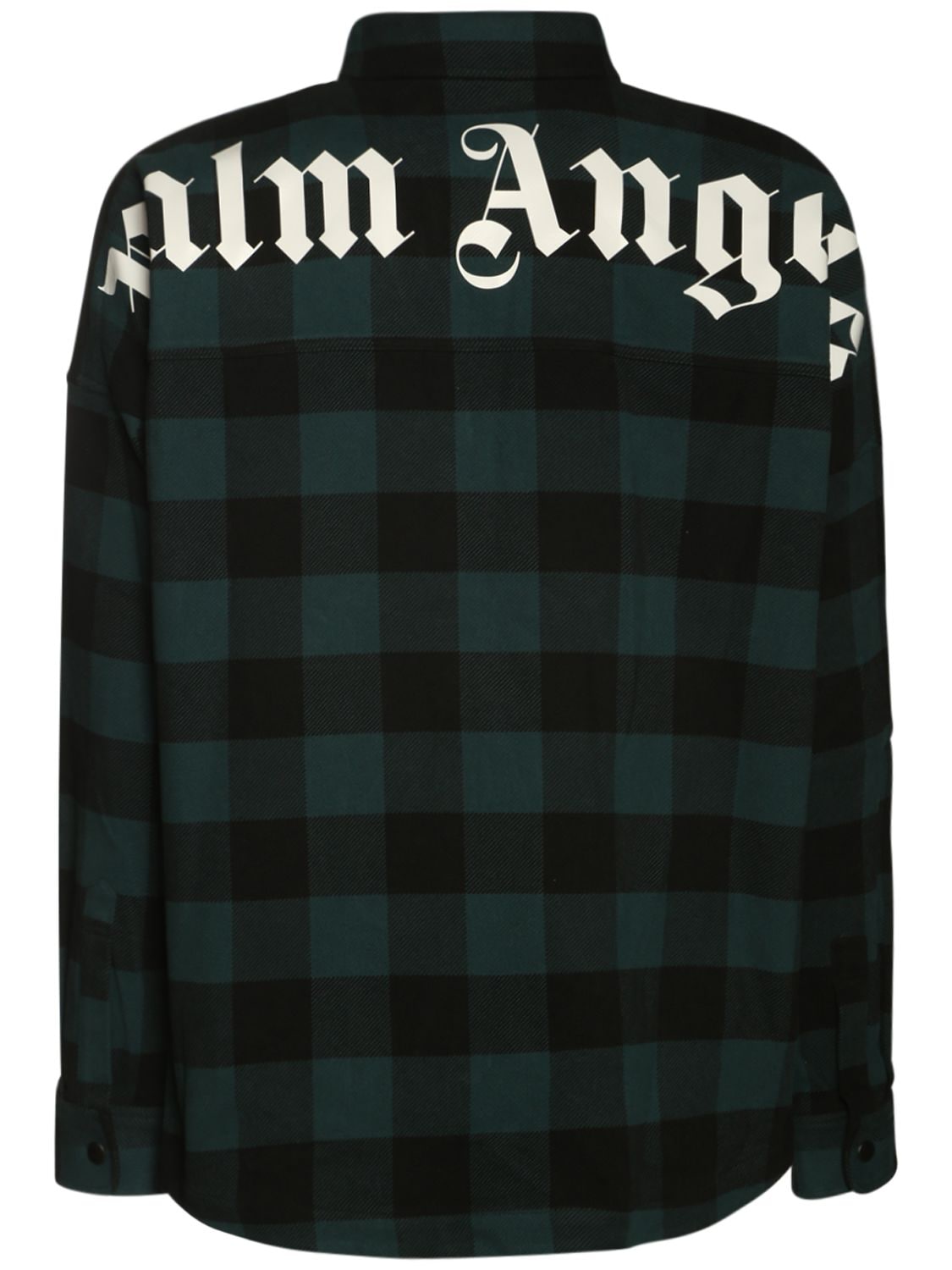 Palm Angels Logo Print Cotton Check Over Shirt In Green,white