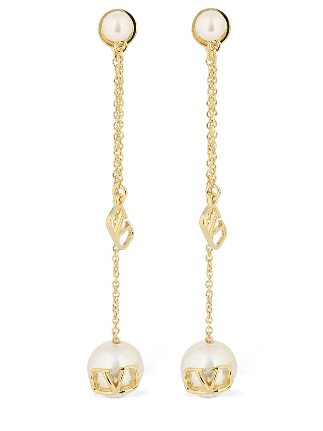 Shop Valentino V Logo & Faux Pearl Pendant Earrings In Gold,white