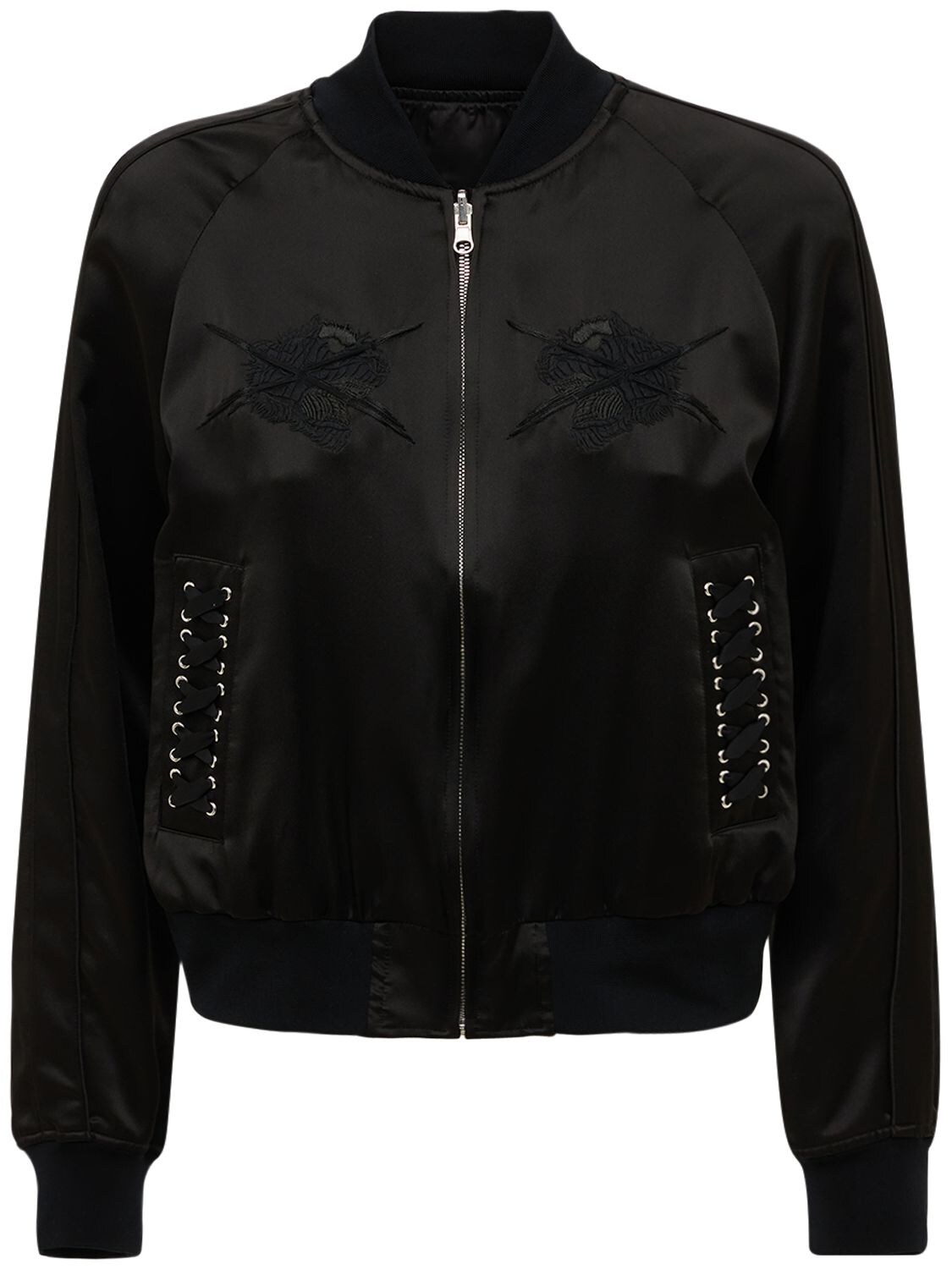 Noir Kei Ninomiya Silk Satin Bomber Jacket W/ Laces In Black