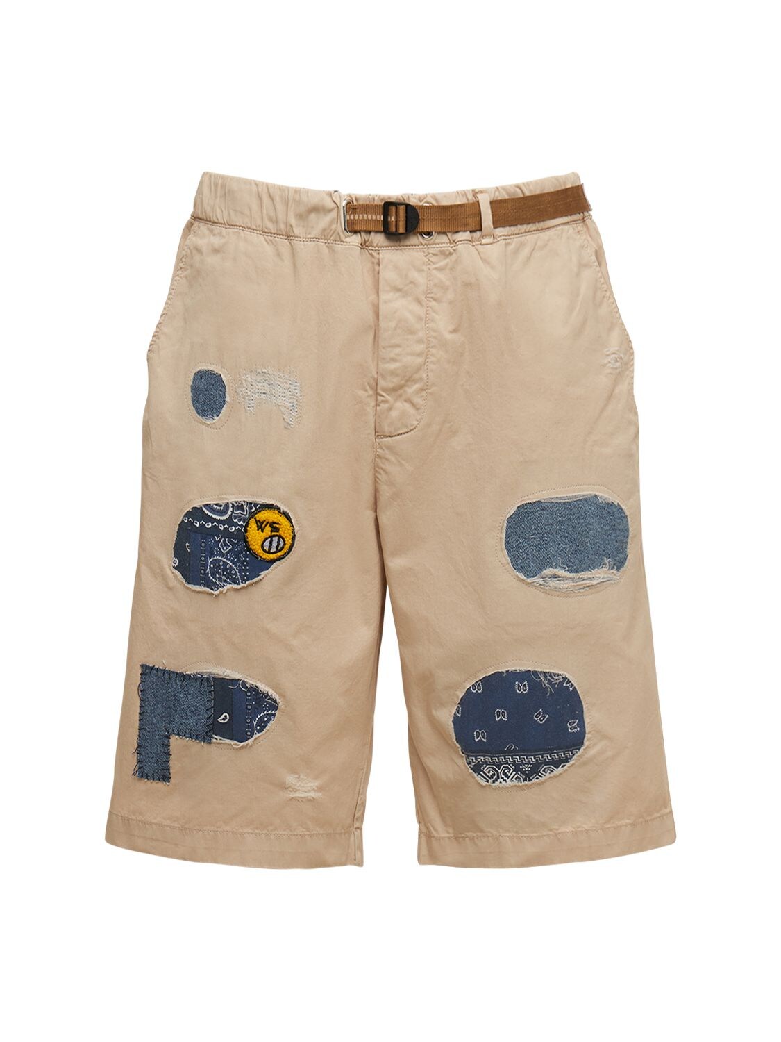 White Sand 88 Distressed Cotton Shorts W/ Patches In 베이지