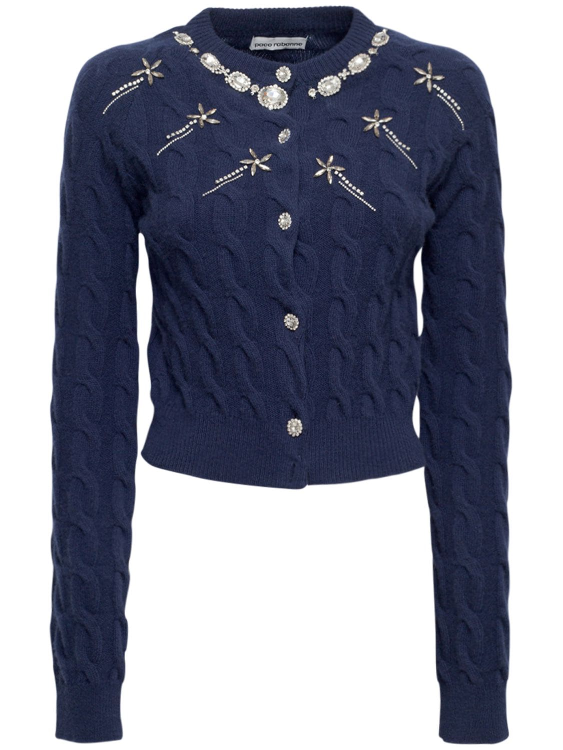 Paco Rabanne Cable-knit Crystal-embellished Cropped Cardigan In Navy ...