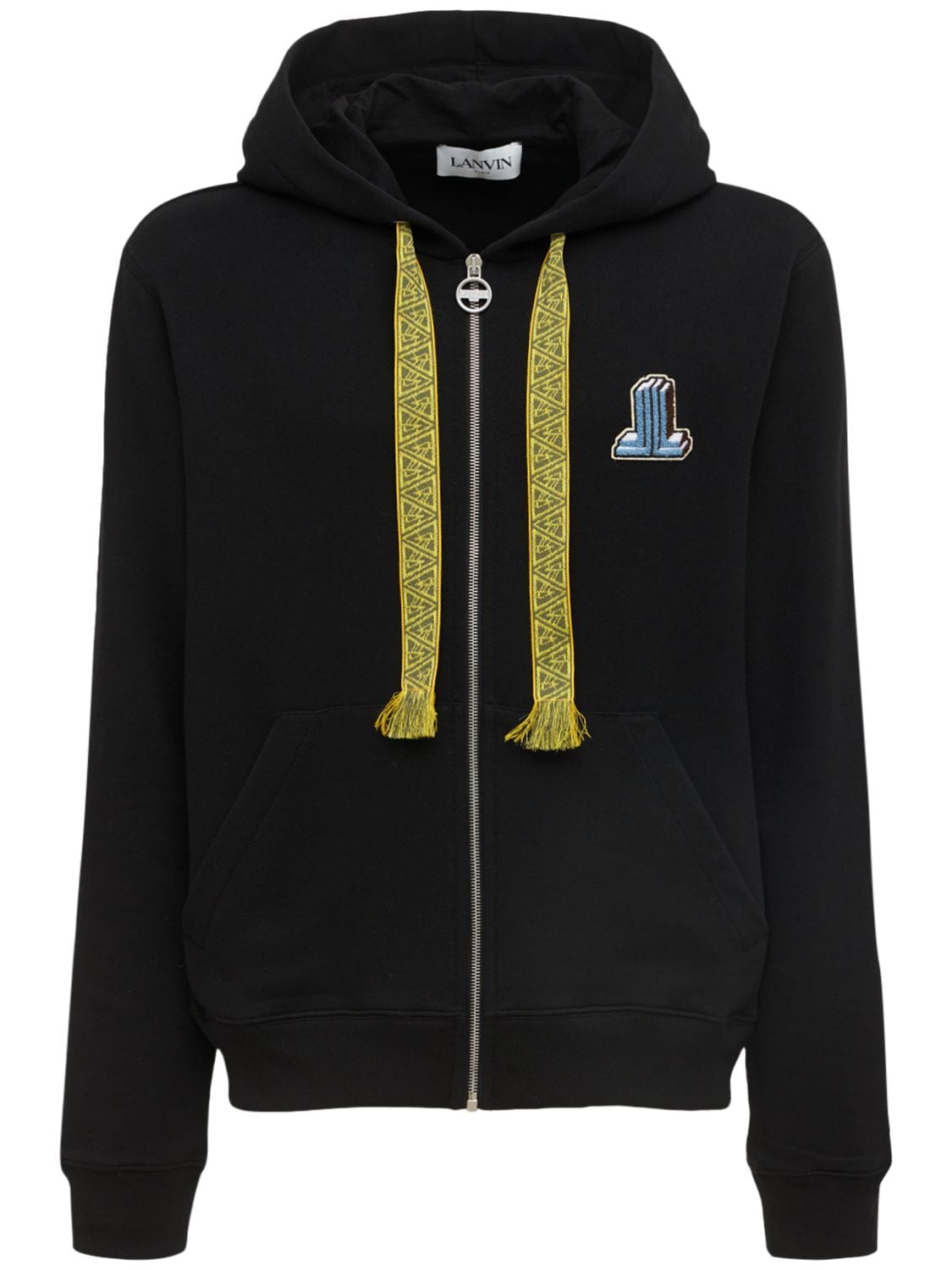 Logo Embroidery Cotton Jersey Zip Hoodie In Black
