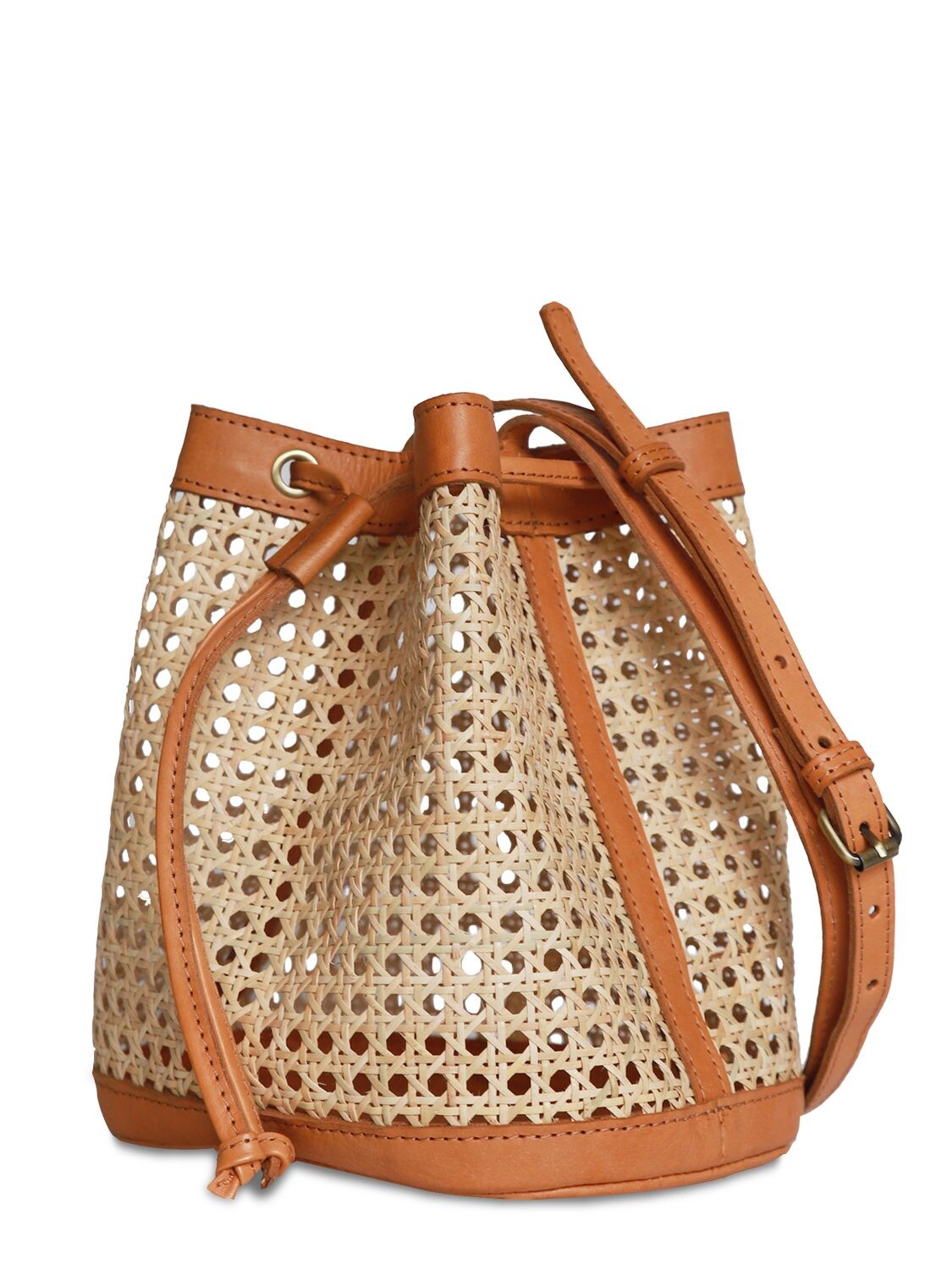 Shop Bembien Benna Rattan & Leather Bucket Bag In Natural,caramel