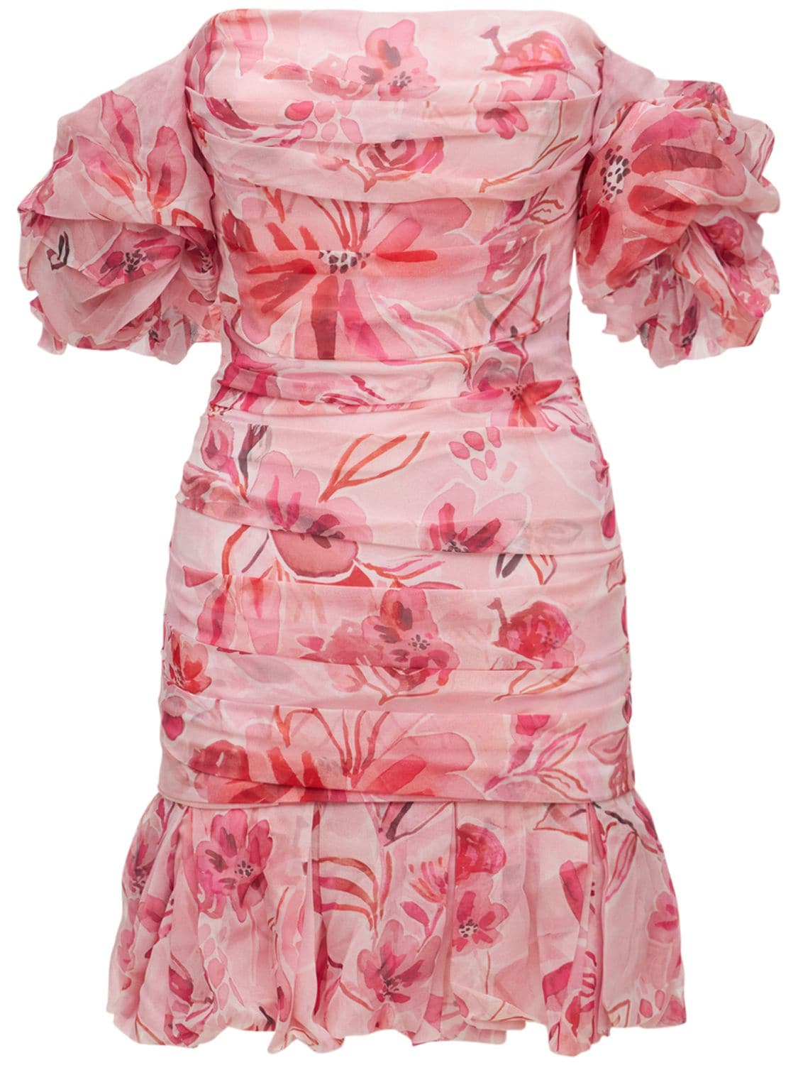 Prabal Gurung Roses Ruched Silk Crepe Mini Dress In Rosa ModeSens