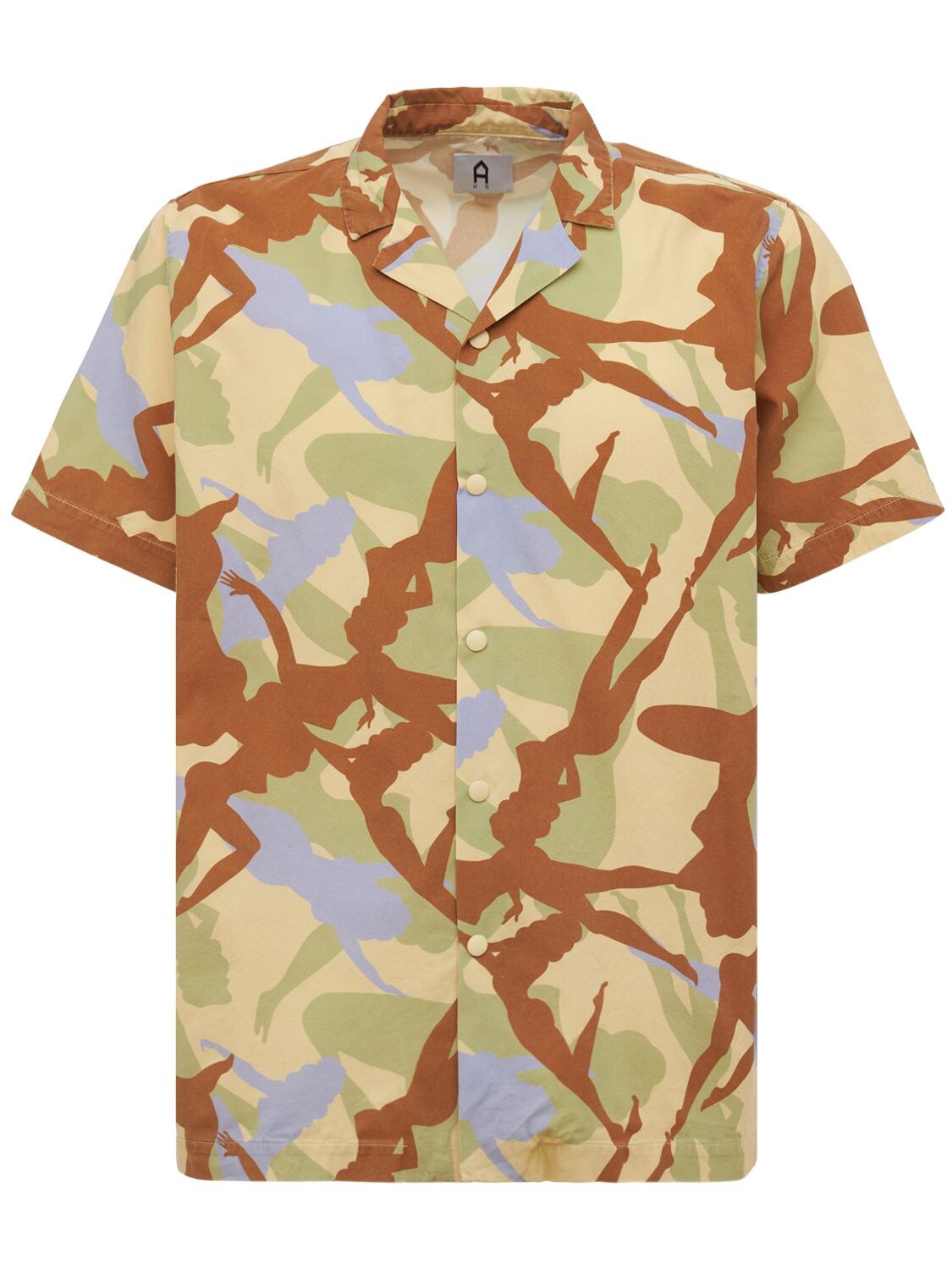 A New Brand Camo Pin Up Printed Cotton Bowling Shirt In 베이지,브라운