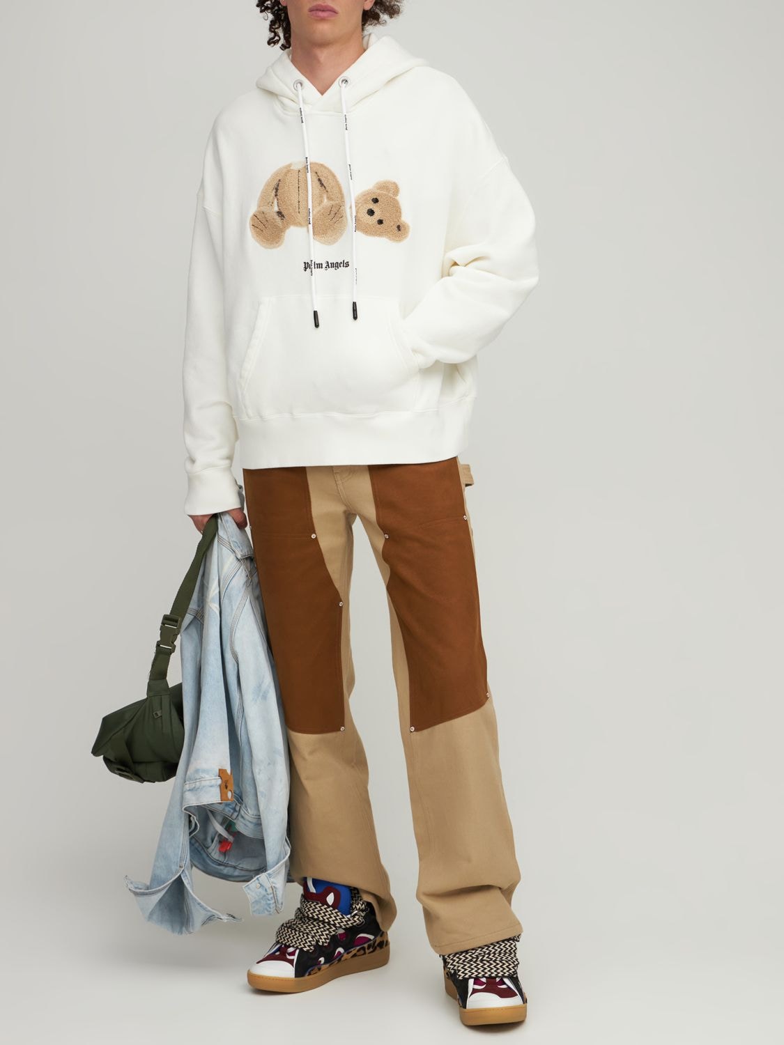 Shop Palm Angels Bear Embroidery Cotton Hoodie In White,brown