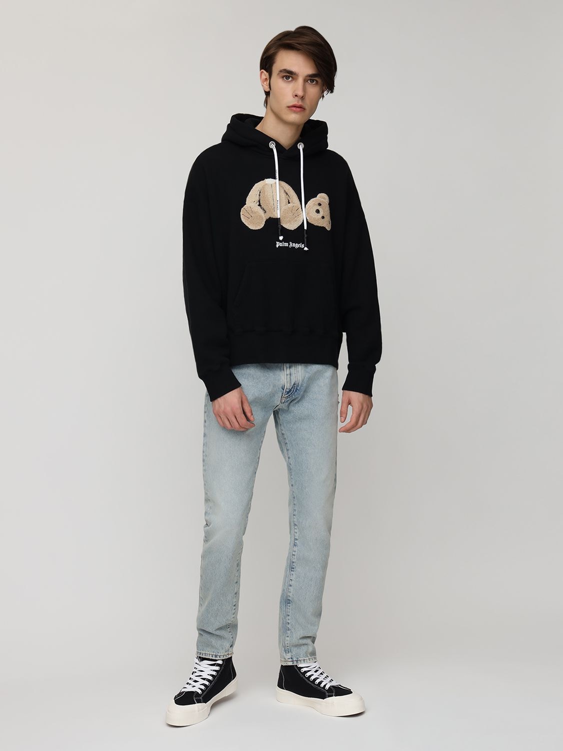 Shop Palm Angels Bear Embroidery Cotton Hoodie In Black,brown