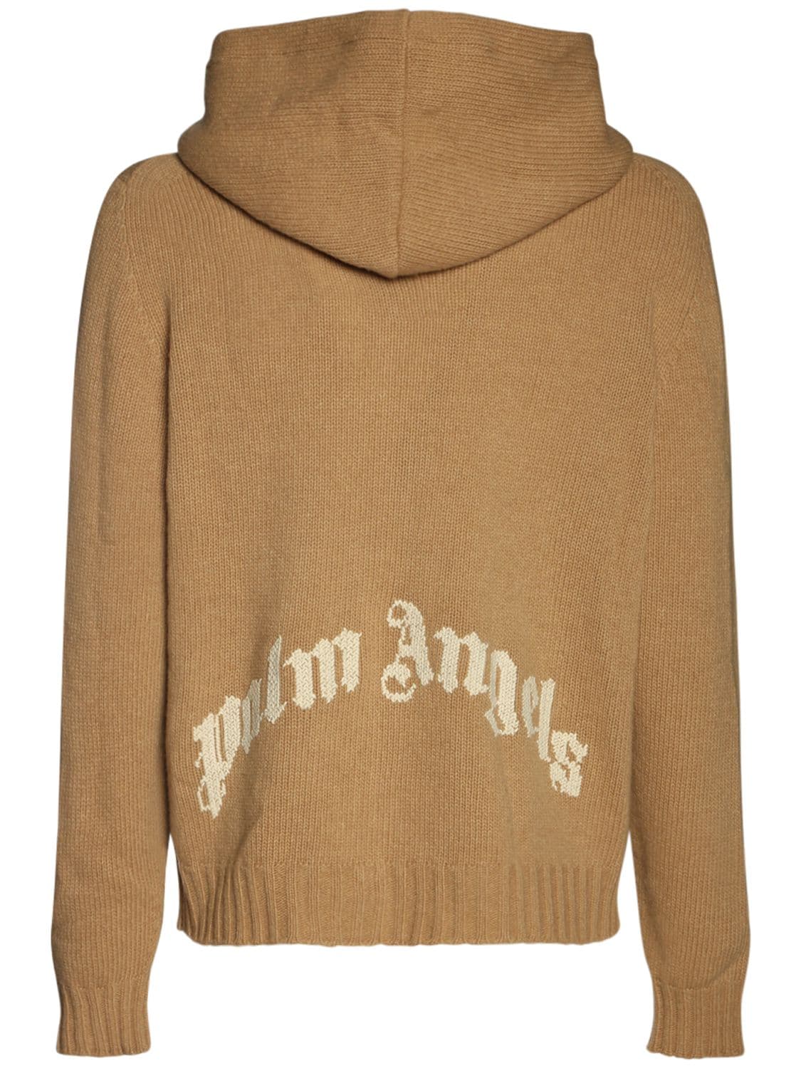 Palm Angels Curved Logo Zip Wool Blend Knit Sweater In Beige,white ...
