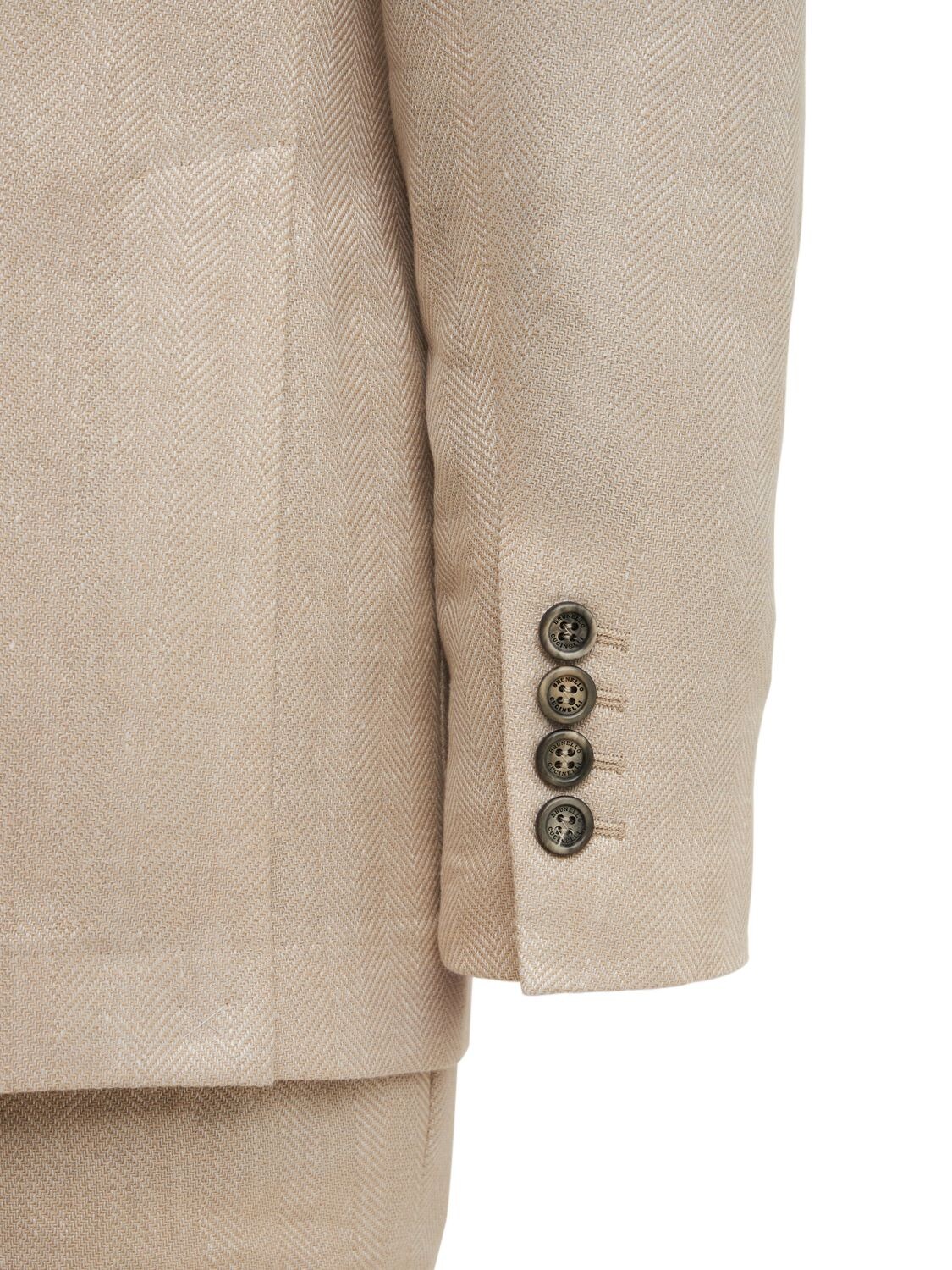 Brunello Cucinelli Double Breast Linen Blend Suit In 沙色
