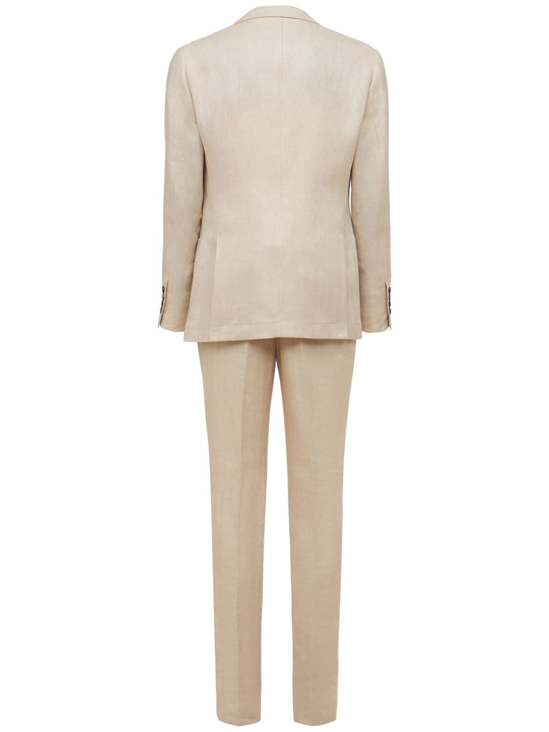 Brunello Cucinelli Double Breast Linen Blend Suit In 沙色