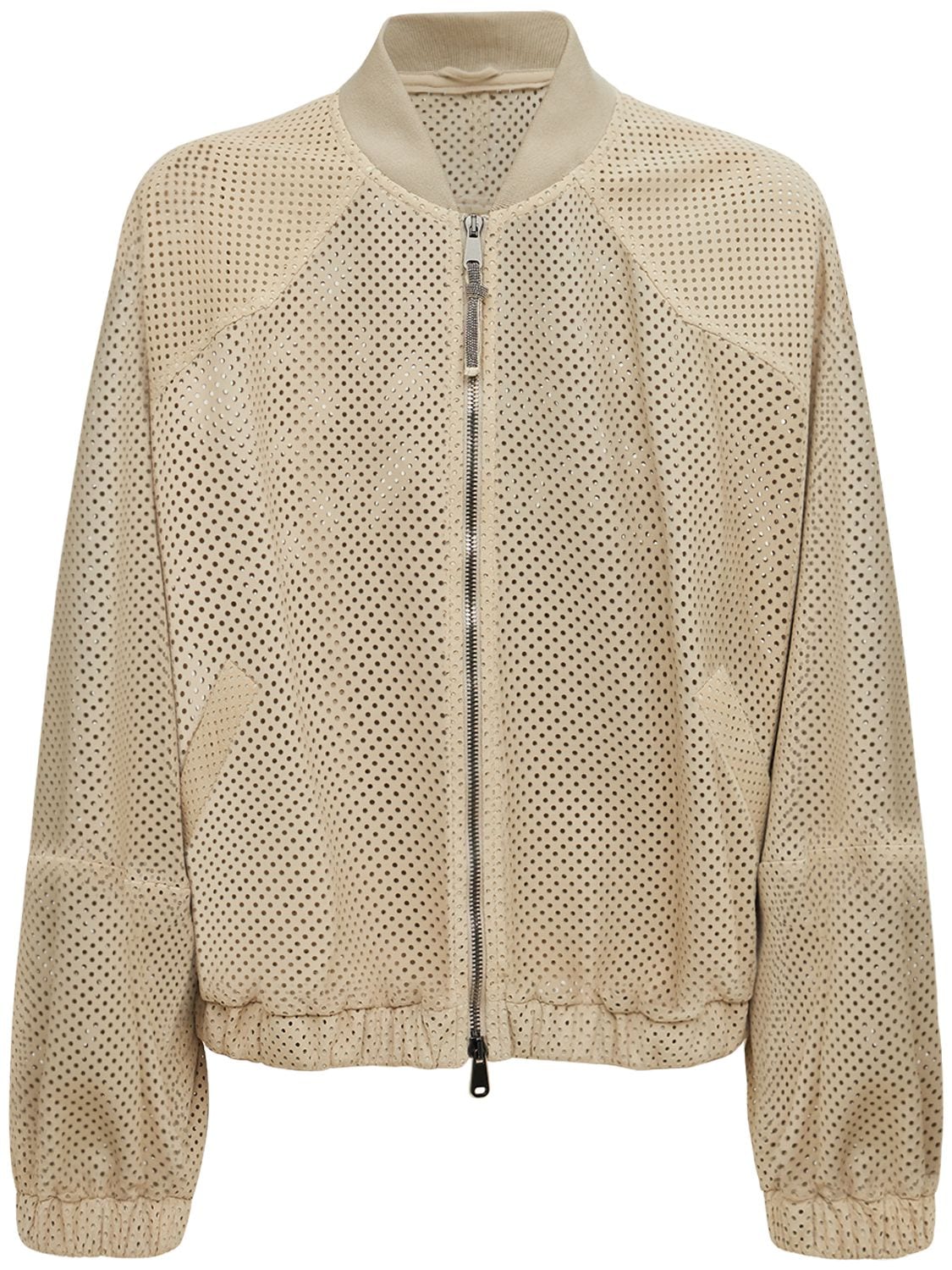 Brunello Cucinelli Perforated Suede Bomber Jacket In Natural | ModeSens