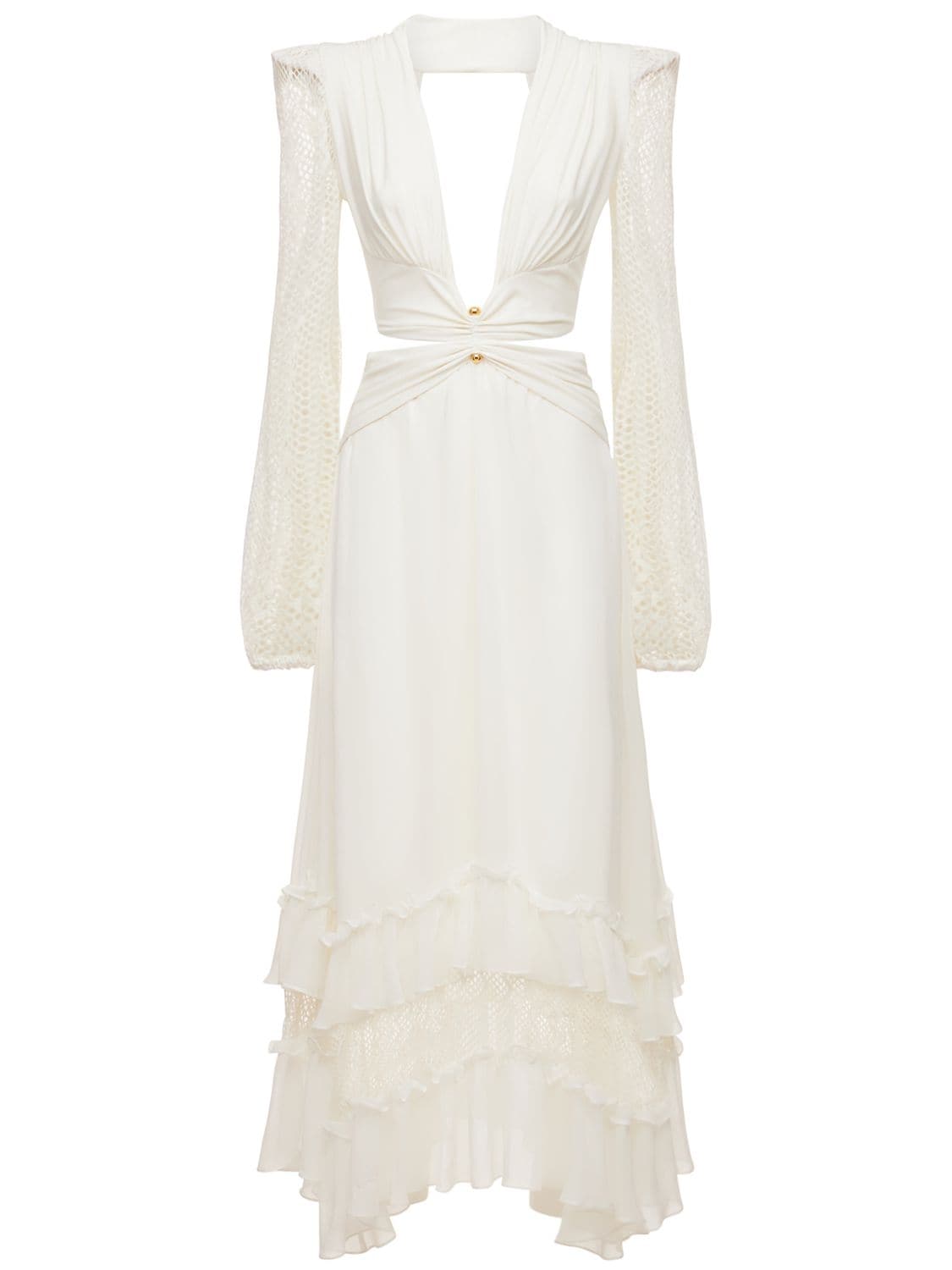 Patbo - Plunge lace-sleeve chiffon long dress - White | Luisaviaroma
