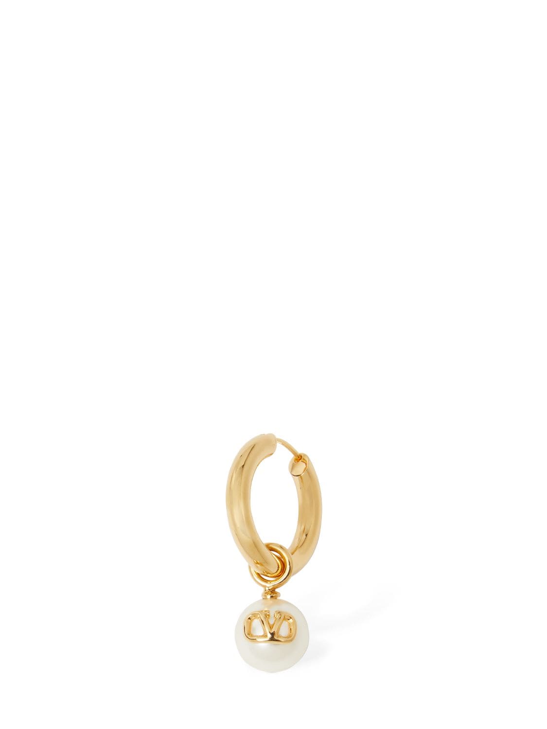 Shop Valentino Faux Pearl & V Logo Hoop Mono Earring In White,gold
