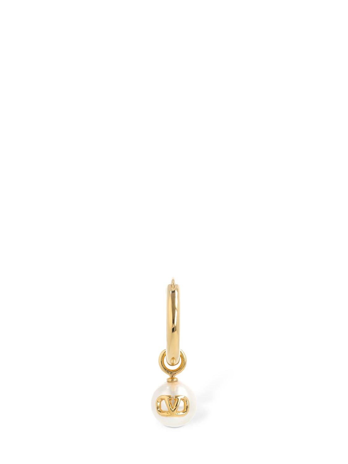 Shop Valentino Faux Pearl & V Logo Mono Hoop Earring In White,gold