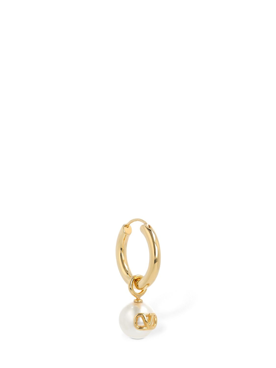 Shop Valentino Faux Pearl & V Logo Mono Hoop Earring In White,gold