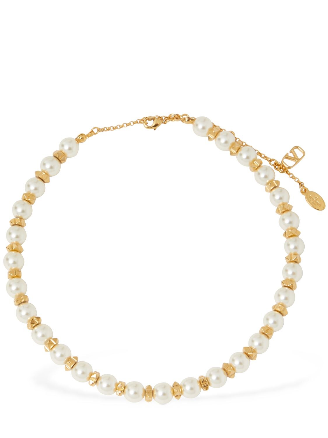 Shop Valentino Faux Pearl & Rockstuds Collar Necklace In White,gold