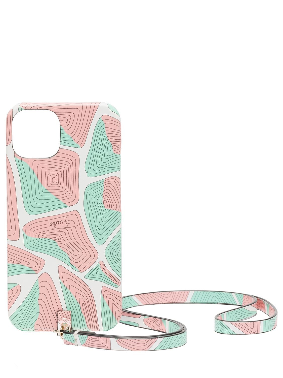Emilio Pucci Leather Iphone 12 Pro Case W/ Strap In Pink,multi