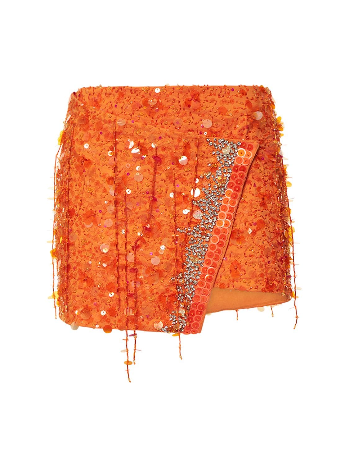 Des Phemmes Sequined Cotton & Satin Mini Skirt In Orange