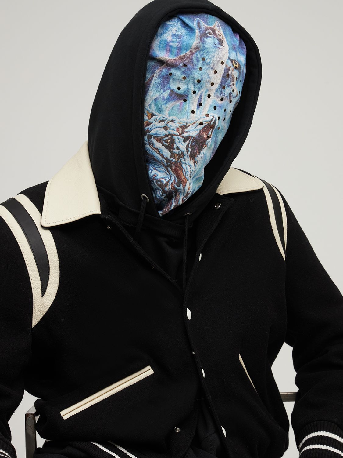 Shop Black Brand Los Angeles Wolf Mountain Print Hooded Face Mask In 蓝色,多色