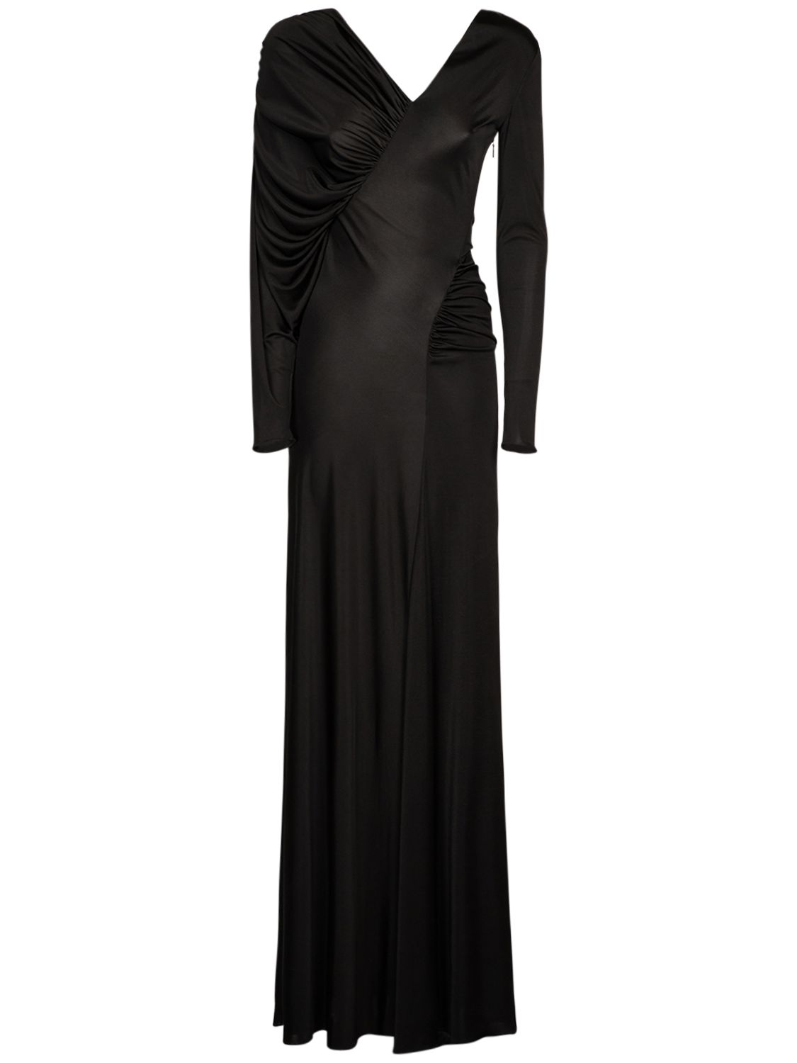 Saint Laurent Asymmetrical Shiny Jersey Long Dress In Black