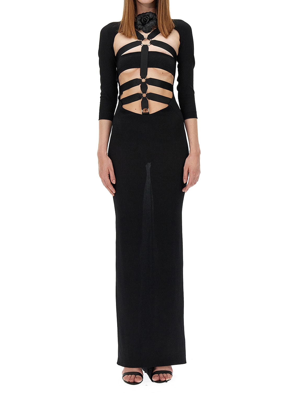 Roberto Cavalli Harness Stretch Wool Crepe Long Dress In Black