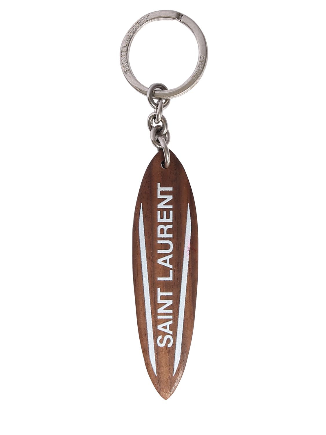 Saint Laurent Surf Logo Keychain In Dark Wood