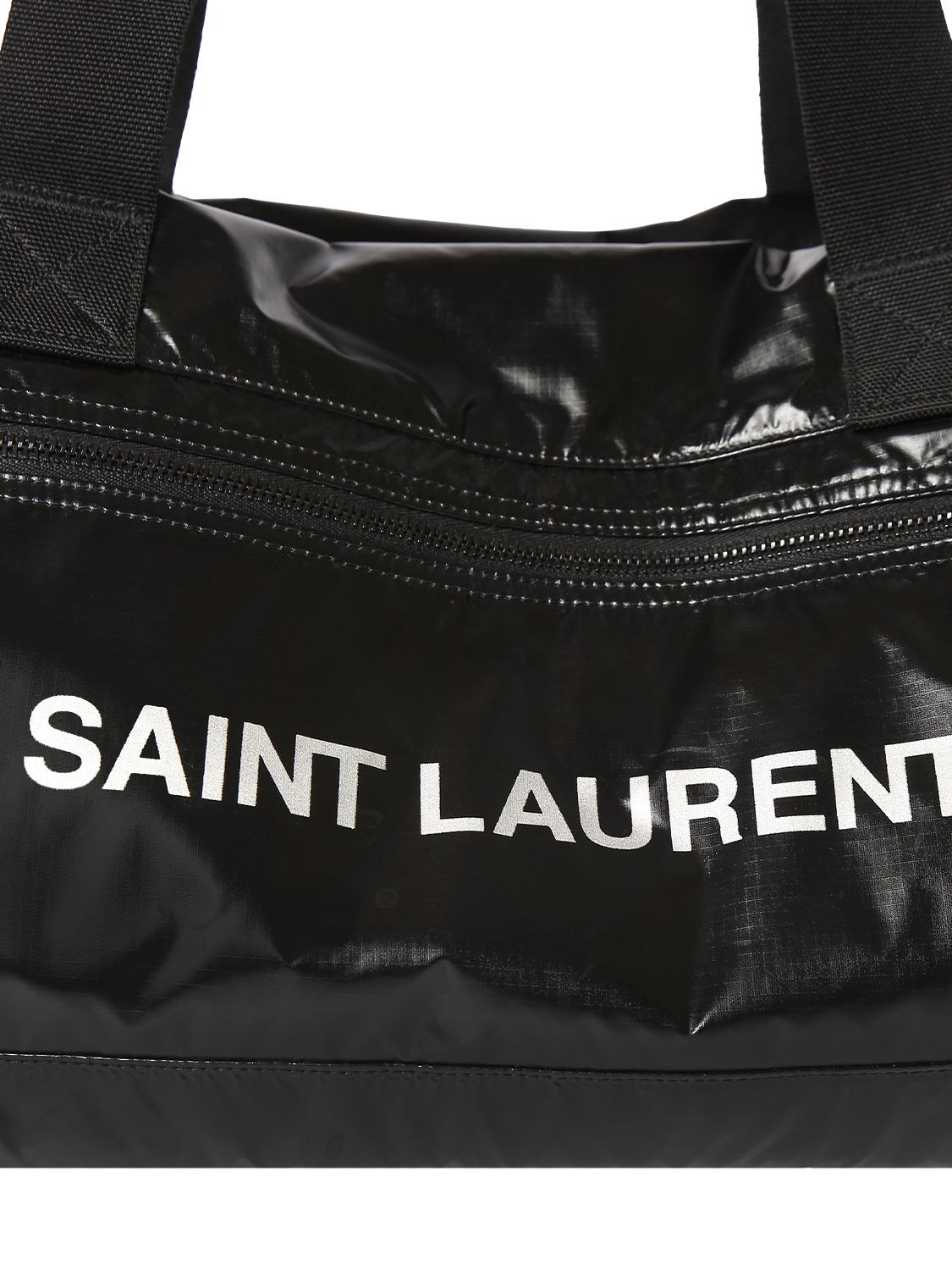 Shop Saint Laurent Logo Nylon Ripstop Duffle Bag In Black,silver