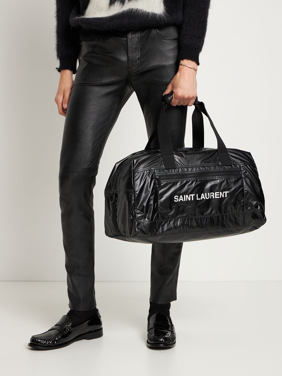 Shop Saint Laurent Logo Nylon Ripstop Duffle Bag In Black,silver