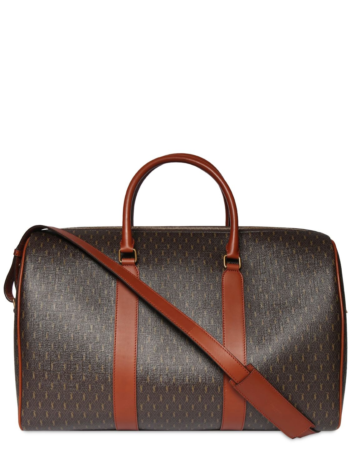 Shop Saint Laurent 48h Logo Coated Canvas Duffle Bag In Chocolate