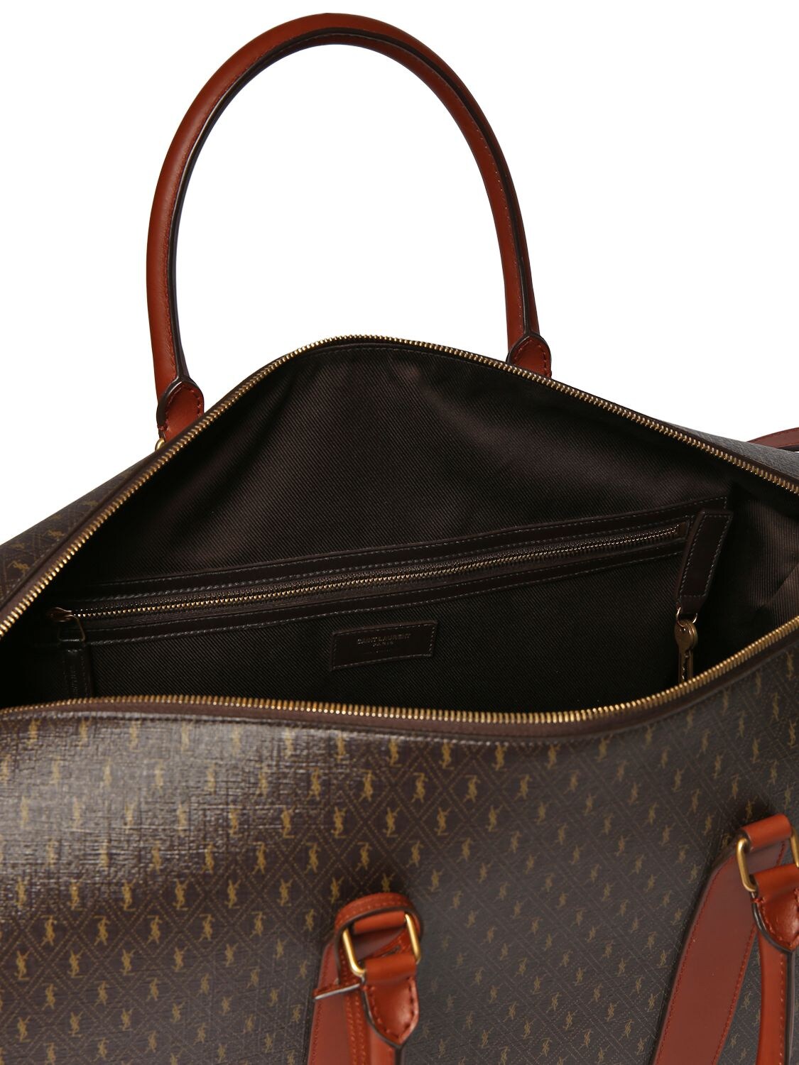 Shop Saint Laurent 48h Logo Coated Canvas Duffle Bag In Chocolate