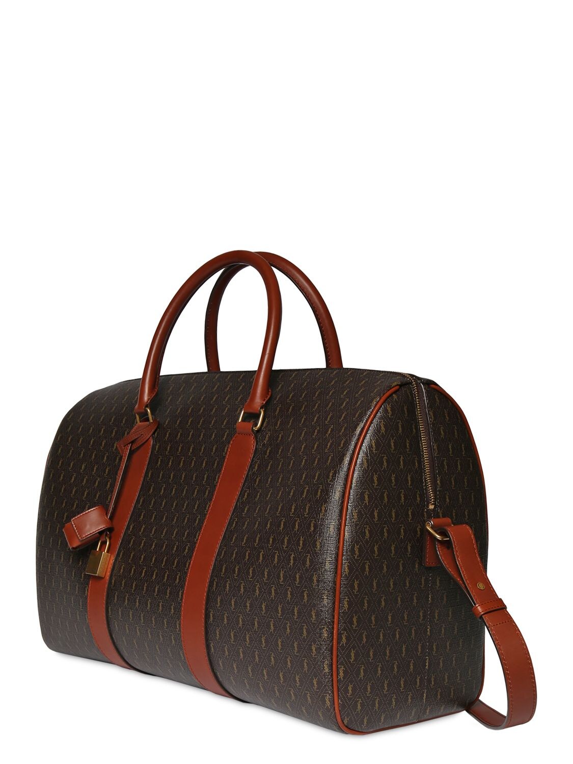 Shop Saint Laurent 48h Logo Coated Canvas Duffle Bag In Chocolate