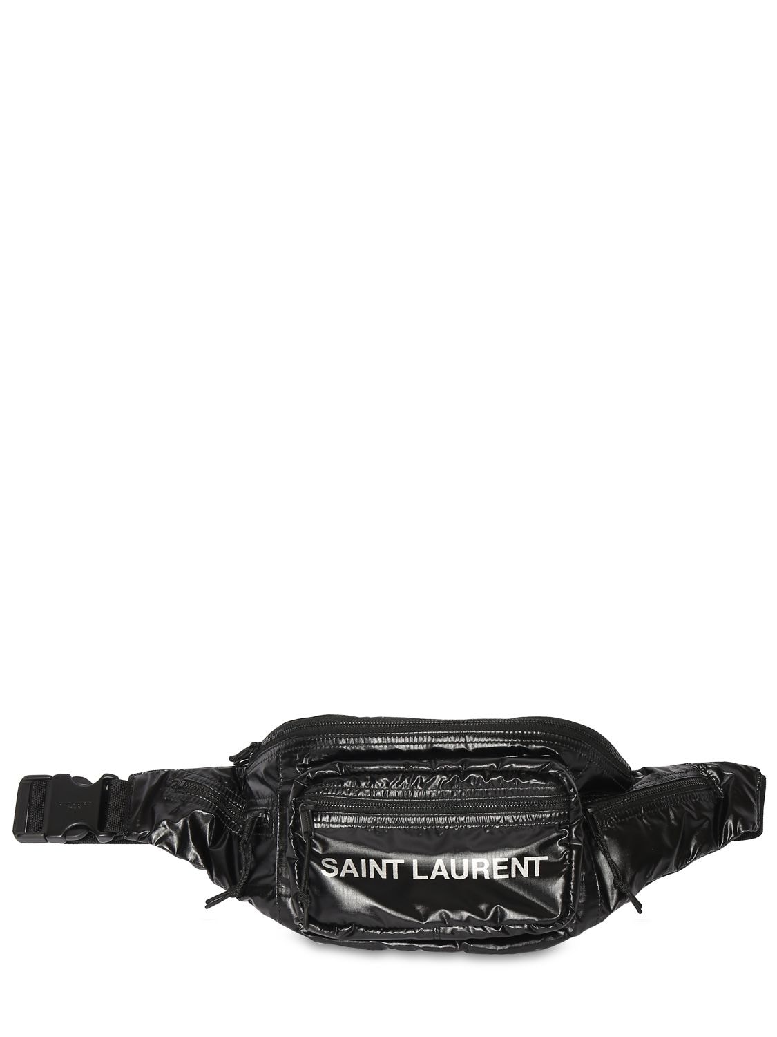 Shop Saint Laurent Logo Nylon Ripstop Belt Bag In Black,silver