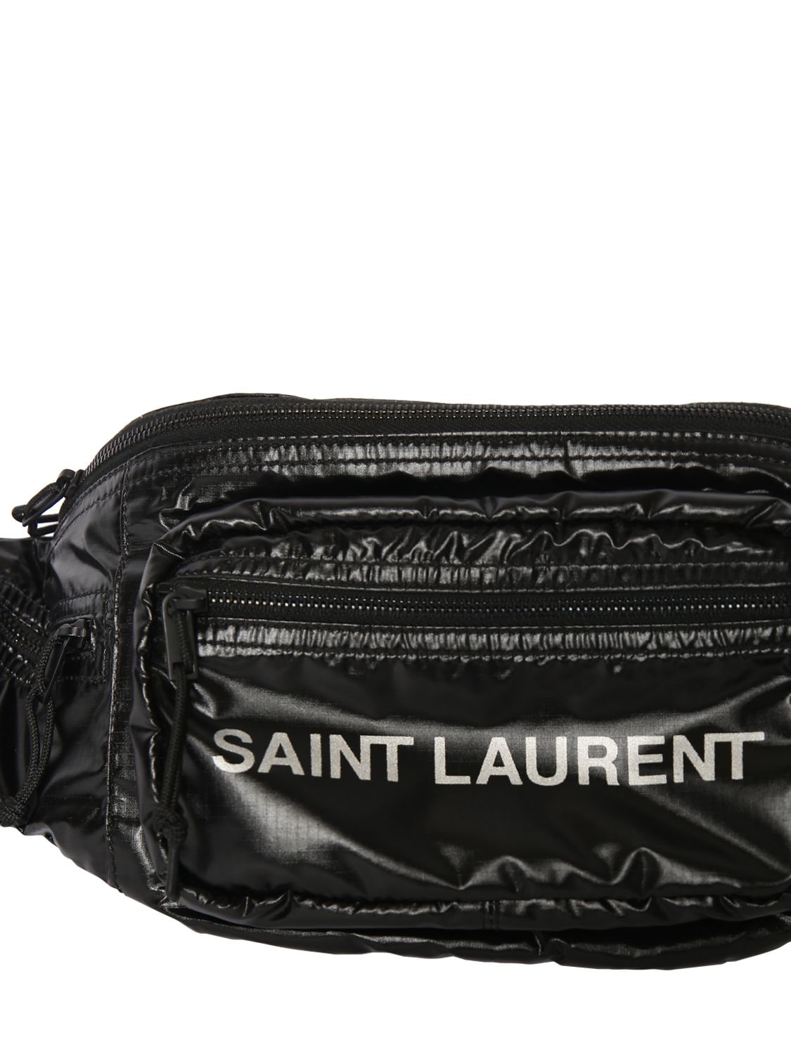 Shop Saint Laurent Logo Nylon Ripstop Belt Bag In Black,silver
